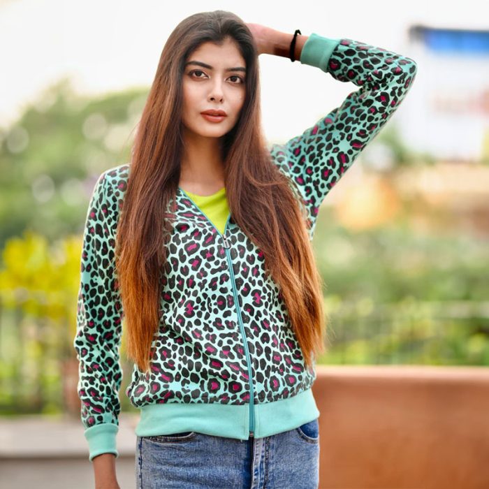 Animal Print Cotton Zippered Hoodie with Pockets