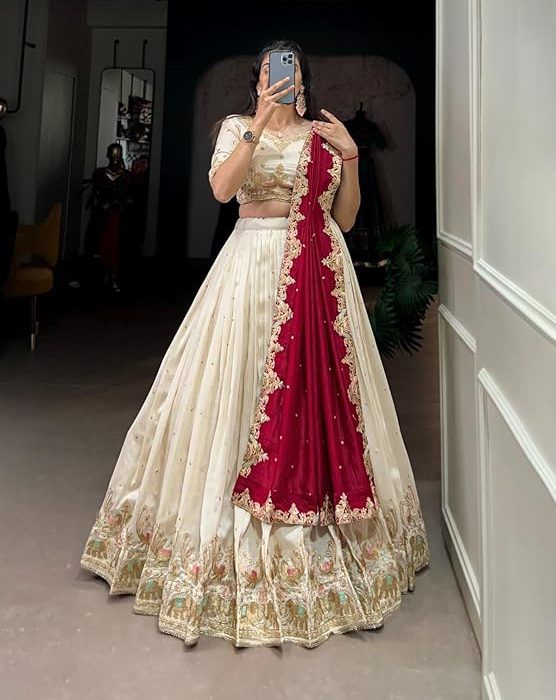MODEMIX Designer Bridal Lehenga Choli Set with Embroidered Border, Off-White and Maroon, Traditional