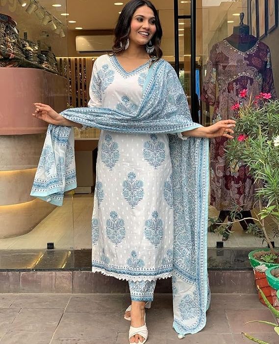 Nermosa Women Cotton Block Printed Kurta Pant With Dupatta