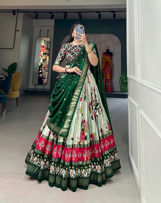 inox fashion Women's Tussar Silk With Patola Print And Foil Work Readymade Lehenga choli